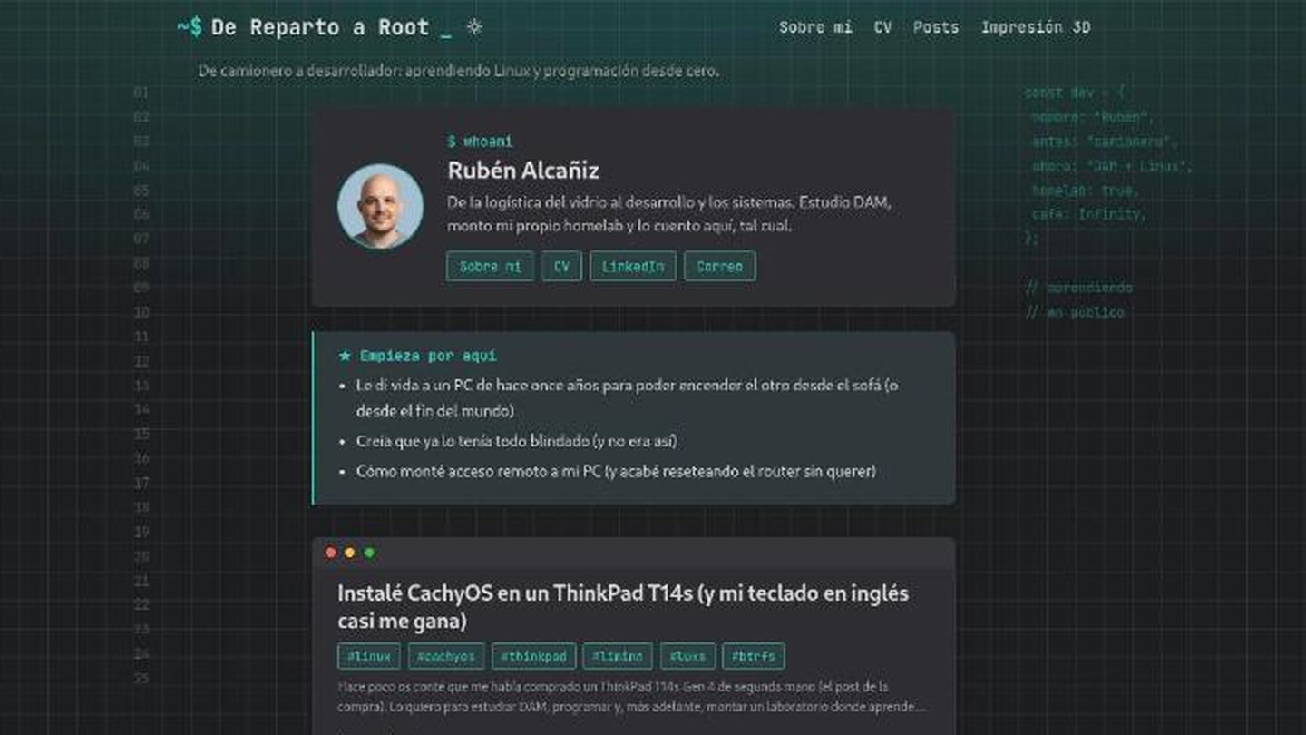 Portada del blog después del rediseño: prompt en el logo, fondo con cuadrícula, tarjetas tipo ventana de terminal y etiquetas